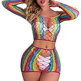 QCWQMYL Rainbow Fishnet Lingerie for Women Elastic Mesh Bodysuit Sheer Lace Babydoll Lingerie Bodystocking Bikini Coverups
