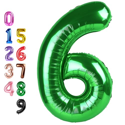 Image of Number Balloons 6 Balloon Dark Green for 6th Birthday Decoration, 40 inch | Saturated Color, Large 40 in, With Inflation Straw & Hanging Hole, For Back-To-School Season, Forest Picnic Party, Christmas