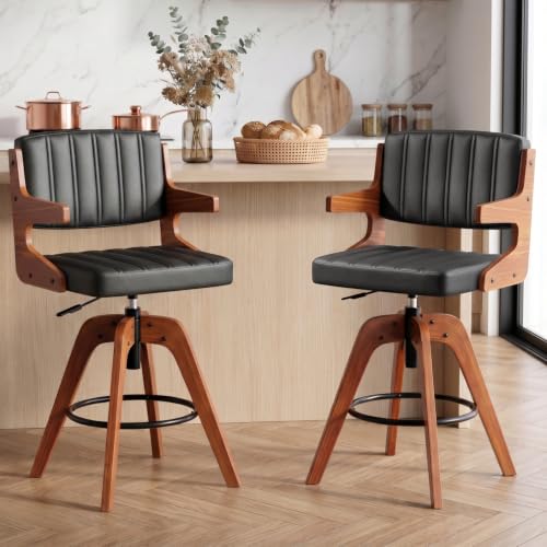 Image of Bar Stools Set of 2, Adjustable Swivel Counter Height Kitchen Island | Set of 2 Mid Century Counter Stools, Swivel Barstools with Back, Faux Leather Upholstered Bar Chair with Arm Back