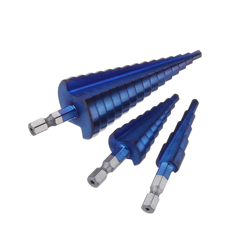 Broca escalonada ranurada en espiral, Juego de brocas escalonadas con revestimiento azul, vástago hexagonal de 3 uds., 1/4 pulgadas, 4 12/4 20/4 32mm