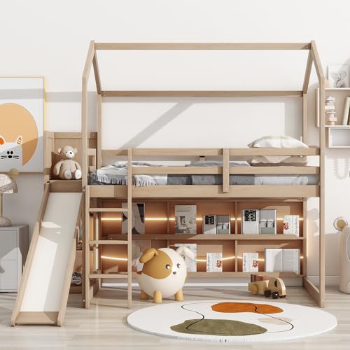 Harper & Bright Designs Twin House Loft Bed with Slide, Wood Twin Bed Frame with Roof, Storage Shelves and Light for Kids - Wood Color