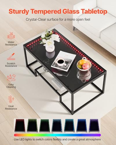 VEVOR Couchtisch Beistelltisch aus gehärtetem Glas mit Beleuchtung, rechteckiger Glastisch mit Zwei Ebenen & offenem Stauraum, Kaffeetisch aus Metall für Wohnzimmer Büro 100 x 51 x 48 cm Schwarz – Bild 7