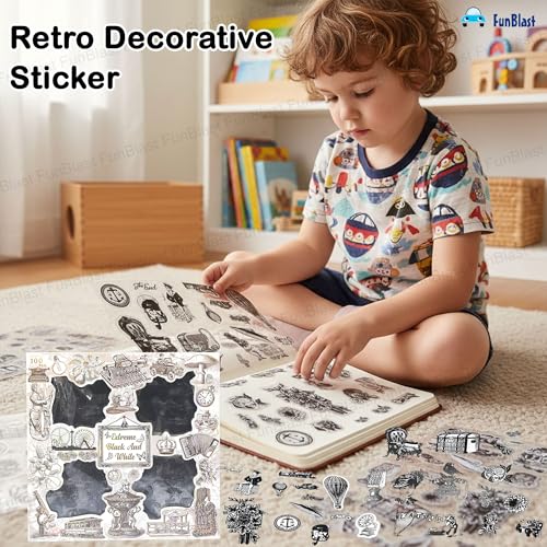 Image of FunBlast Self Adhesive 640Pcs /100 Sheets, Extreme Black & White Stickers, Retro Decorative Sticker's for Scrapbook, Sticker's for Project, Japanese Style Sticker Set, Journals, Scrapbooking (D)