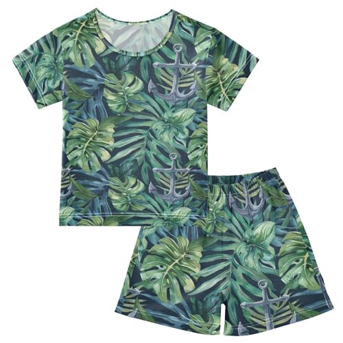 ALAZA Anchor Tropical Leaves Pajama Set Short Sleeve Sleepwear Soft Lounge Nightwear