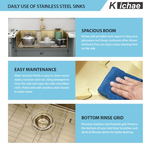 Image of Kichae 36 Inch Gold Drop in Kitchen Sink - 36x22 Gold Brushed Stainless Steel 16 Gauge Ledge Workstation Single Bowl Topmount Overmount Handmade Basin with Faucet & Glass Rinser