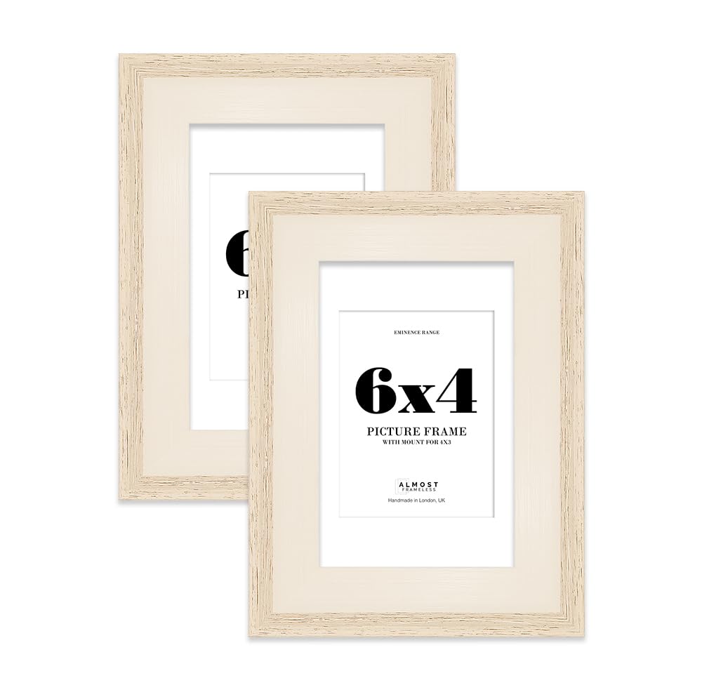 6x4" Oak Picture Frame with 4x3" Mount - Shabby Chic Photo Frame with Distressed Finish, Wall Hooks and Kickstand, 32mm Edge - 2 Pack