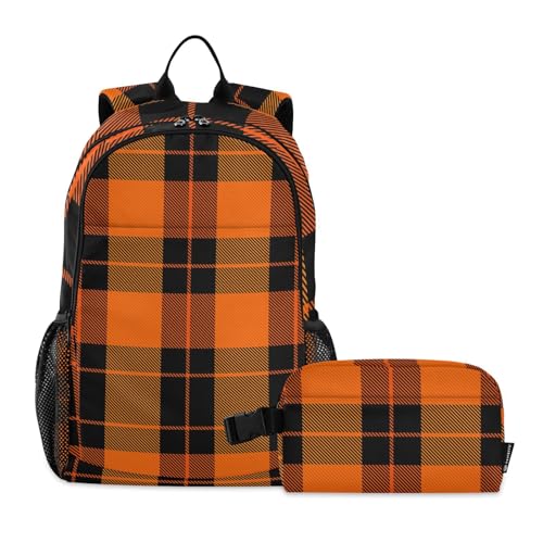 ALAZA Halloween Tartan Orange Buffalo Plaid Backpack and Lunch Bag Set Back Pack Bookbag Cooler Case Kits