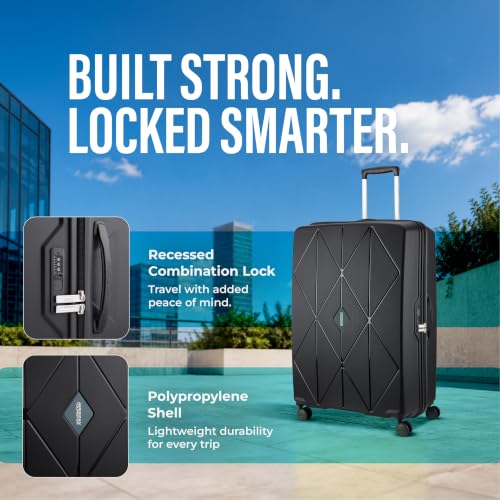 Image of American Tourister Qubiz | Check-in Trolley Bag (80 cm) | 360 8 Wheel Travel Luggage | Hard Case Polypropylene Suitcase | Recessed Combination Lock | Black /Dark Olive