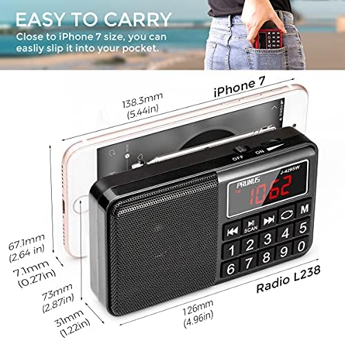 PRUNUS J-429 Small Radio, Pocket, AM FM USB Charging, Large Button, Neodymium Speaker, Auto Save, USB Flash Drive, SD Card AUX Input MP3, Shortwave for Elderly and Senior(Black)