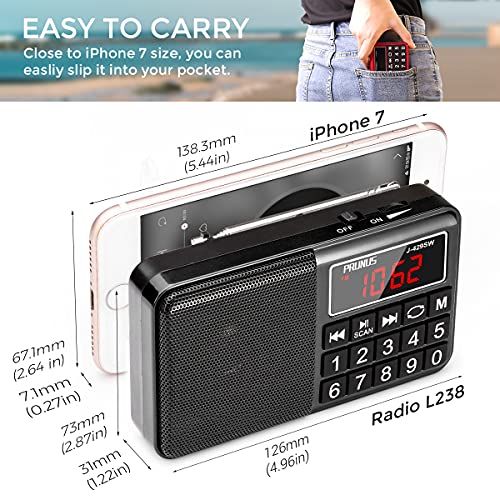 PRUNUS J-429 Small Radio, Pocket, AM FM USB Charging, Large Button, Neodymium Speaker, Auto Save, USB Flash Drive, SD Card AUX Input MP3, Shortwave for Elderly and Senior(Black)
