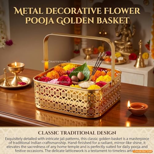 Image of Multipurpose Metal Basket For Gift Hamper, Pooja Temple Storage With Sturdy Handle, Decorative Flower Organizer & Versatile Puja Utility Accessories Home Decoration (Square)