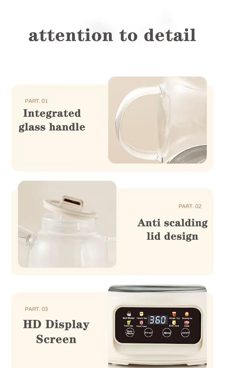 Théière Électrique Multifonction 1200ml, 8 Modes de Préparation, Base Chauffante avec Écran Digital, Carafe en Verre, Blanc