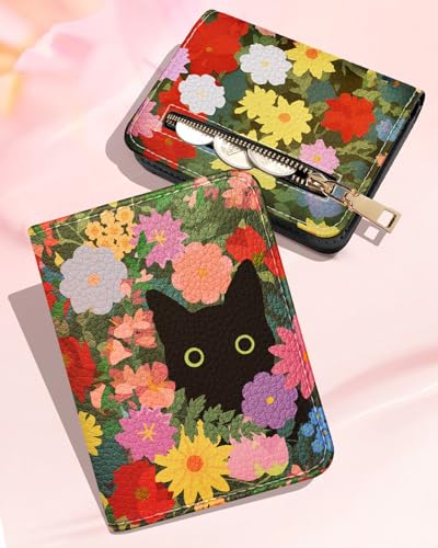 Image of Bistup Leather 12 Slot Accordion Card Holder Wallet, Cat Flower | Accordion Storage, Zipper Around Closure, Compact Patterned Wallet for IDs, Cards, Cash, Daily Carry and Gifts