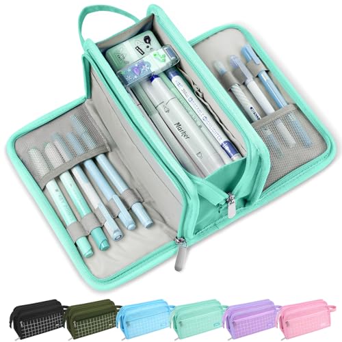 Image of Sooez Large Pencil Case, Big Capacity Pencil Pouch Pen Bag with 3 Compartment, Portable Canvas Stationery Organizer with Zipper, Cute Aesthetic School Supplies for Teen Girls, Celadon with Plaid
