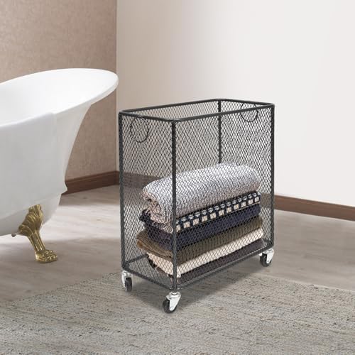 Image of Wire Metal Rolling Laundry Basket On Wheels,Mesh Wire Laundry Basket Storage Cart for Bathroom Bedroom Dirty Clothes Storage (B)