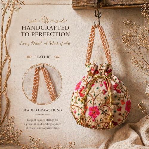 Image of Women's Multicolour Floral Embroidered Silk Potli Bag, Handcrafted Ethnic Drawstring Purse for Wedding, Party, Festive, Bridal