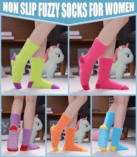 Image of Yebing Non Slip Hospital Socks for Women with Grips Fuzzy Cozy Anti Skid Slipper Socks Winter Warm Soft Fluffy Sleep Socks