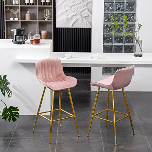 Image of Sidanli 29 Inch Bar Stools Set of 2, Pink Barstools with Back and Gold Plated Legs, Upholstered Barstools for Bar, Living Room, Kitchen Island, Farmhouse