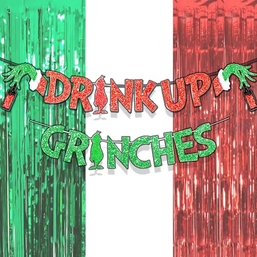 JeVenis Glittery Drink Up Grinchmas Banner Christmas Decorations Banners Grinchmas Christmas Party Decorations Christmas Party Decoration Adults Friendsmas