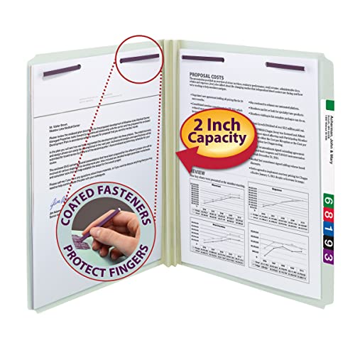 Smead Pressboard Fastener File Folder With Safeshield Fasteners, 2 Fasteners, Straight-Cut Tab, 2" Expansion, Letter Size, Gray/Green, 25 Per Box (14910) #TOP1