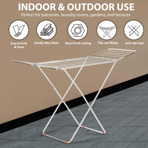 Image of H Houseware Stainless Steel Foldable Clothes Drying Stand (162 x 47 x 83 cm) | Heavy Duty Rust Resistant Laundry Drying Rack | Portable Indoor Outdoor Drying Stand | Space Saving Folding Rack