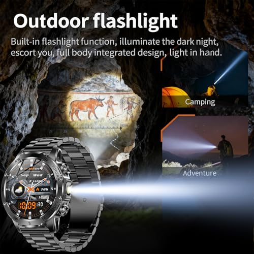 Smart Watch for Men with Flashlight, Bluetooth Calling, 100+ Sport Modes, 800mAh, IPX8 Waterproof Fitness Tracker for Workout, iOS Android Compatible， Gift For Him (Black steel)