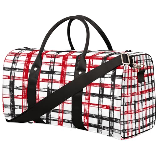 Red Black Plaid Travel Duffel Bag, Modern Pattern Sports Tote Gym Bag, Foldable Weekender Overnight Bag, Luggage Handle Bag for Women Men - Main Image