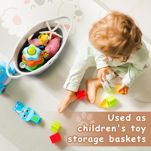Kleiner Aufbewahrungskorb geflochten aus Baumwollseil mit Henkel – Spielzeugkorb für Kinderzimmer & Haustier – Niedlicher Baumwollkorb, Mehrzweck-Aufbewahrungskorb, zur Spielzeugorganisation,Grau