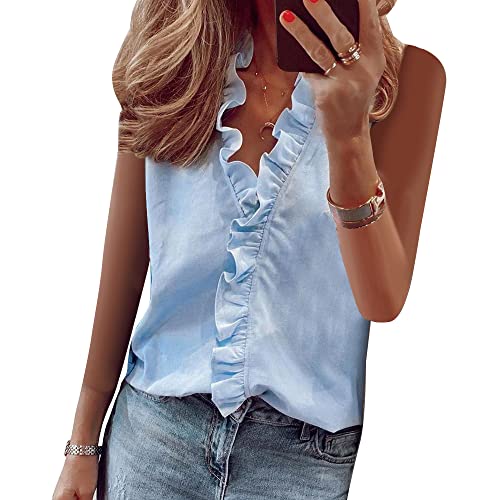 QKEPCY Camiseta sin Mangas Mujer Top con Cuello en V Blusa de Encaje Gasa Manga Corta Elegante y Básica Color Sólido Tops Elegante Cami Tank Tops de Verano (Azul XL)