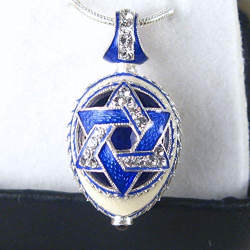 Star Of David Sterling Silver Blue Guilloché Enamel Pendant Genuine Garnet Crystals 24 Inch Chain #TOP3