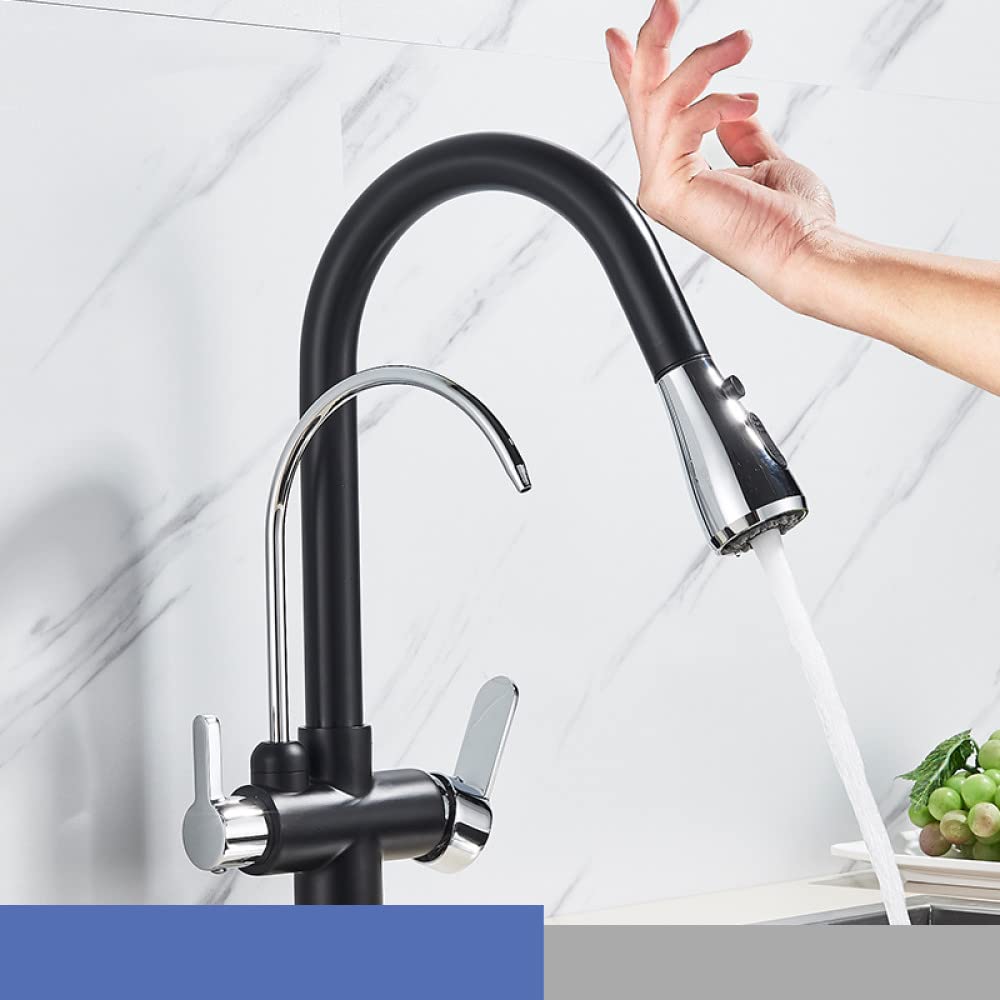 Agua fría y caliente Modo de grúa Grifo mezclador montado en cubierta Filtro de sensor táctil Grifo de cocina con agua pura Grifo mezclador extraíble Girar, negro y cromo, talla única
