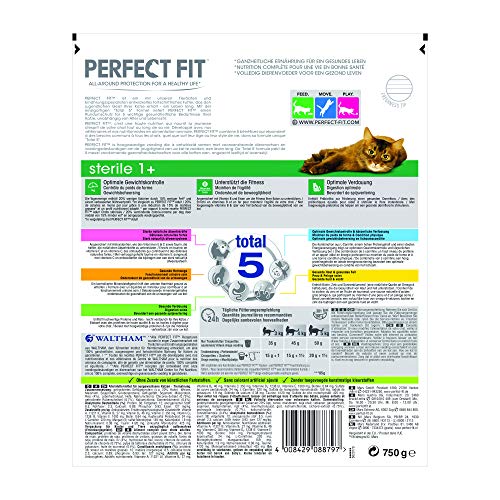 Perfect Fit Katzenfutter Trockenfutter Pro-Sterile für sterilisierte/ kastrierte Katzen Adult 1+ Reich an Huhn, 5 Beutel (5 x 750g)
