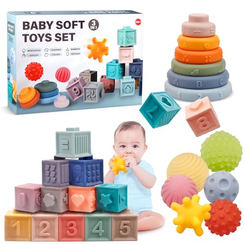 Image of Montessori Toys for Babies 6-12 Months, Soft Baby Blocks Toys Set, 3 in 1 Infant Stacking Building Blocks, Teething Toys Sensory Balls Educational Learning Toys for Toddlers 3-6-9-11 Months Boys Girls