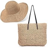 Jiuguva Straw Beach Bags and Beach Hat Set for Women, Summer Woven Tote Straw Handbag with Foldable Sun Hat Shoulder Bag for Vocation Travel