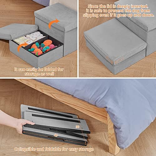 Dog Stairs, DREAMSOULE 2 Steps Dog Stairs Extra Wide Foldable Pet Steps with Storage, Pet Ramp Pet Ladder Best for Small to Large Pets (Velvet+Grey)