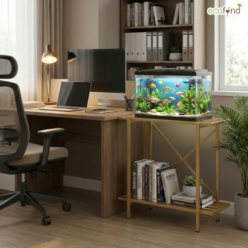 Image of ecofynd 2-Tier Fish Tank Stand, Double-Layer Aquarium Stand with Adjustable Table Feet, Heavy Metal Storage Rack Suitable for Home and Office, (Gold, FS-PS050)