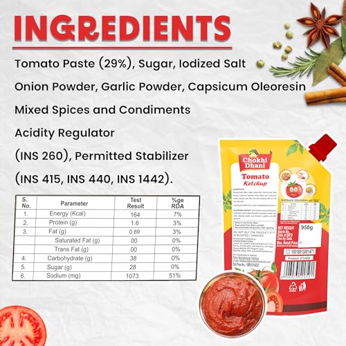 Image of Chokhi Dhani Foods Tomato Ketchup 950g | Classic Blend Made with Real Tomatoes | Rich, Thick & Tangy Taste | No MSG | 100% Vegetarian