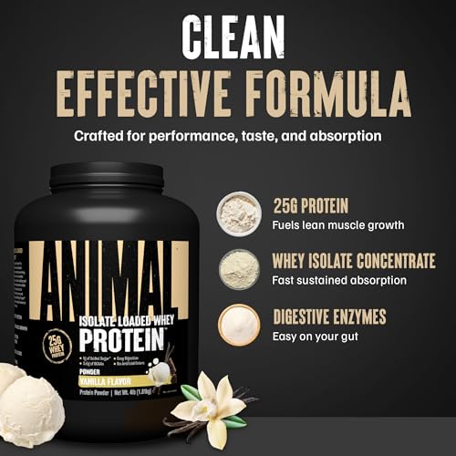 animal whey isolate protein powder - loaded for pre amp post workout muscle builder and recovery with digestive enzymes for men amp women - 25g protein great taste low sugar - vanilla 4 lbs