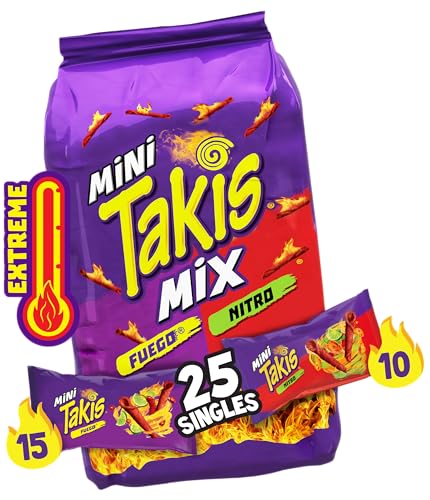 Takis Mini Fuego and Nitro Rolled Tortilla Chips, Hot Chili Pepper and Lime and Habanero and Lime Artificially Flavored, 25 Individual Snack Packs, 1.23 Ounces Each, Net Weight of 30.75 Ounces
