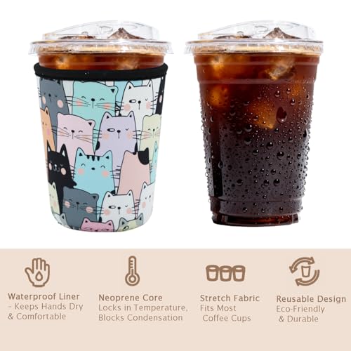 Image of Reusable Insulated Sleeve for Iced Coffee Cup, Coffee Neoprene Sleeve for Cold & Hot Drinks, Beverage Holder for Iced Coffee (Cat Party, Small: 16-18oz)
