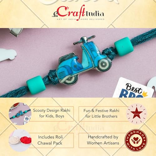 Image of eCraftIndia Scooty Design Rakhi for Kids Girls Boys with Best Bro Ever Fridge Magnet | Raksha Bandhan Kids Rakhi for Brother Bhaiya Bhai | Roli Chawal Pack