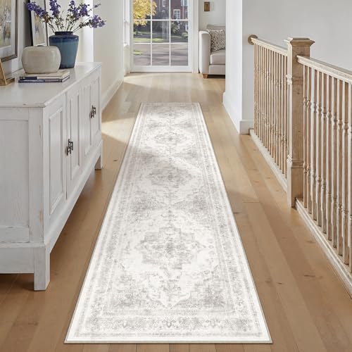 Runner Rug 3x12 Washable Light Gray Hallway Runner Vintage Boho Medallion Non Slip Grey Distressed Retro Carpet Indoor Low Pile Long Soft Rug for Kitchen Entryway Bedroom Bathroom Laundry