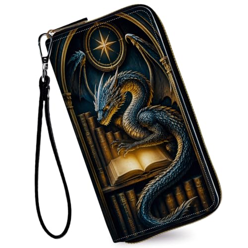 Image of Women's Wallets Credit Card Holder Money Leather Long Wallet | Long wallet with Wristlet,Large Capacity with Zip-Around Phone Purse for Women Ladies Girls,Blue Dragon Bookshelf