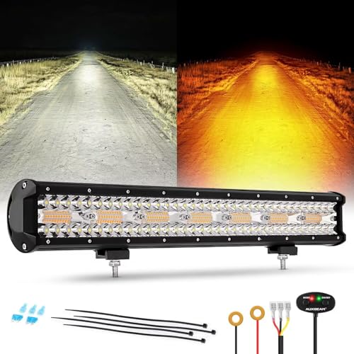 Auxbeam 6 Modes Amber White Series, 20 Inch LED Light Bar 420W, Strobe Light Flashing Warning Emergency, Spot Flood Combo Off Road Light for Trucks, Cars, ATVs, UTVs, Boats