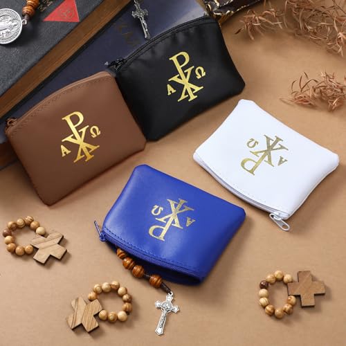 Image of Dansydaisy 4 Pcs Rosary Pouch Catholic with Gold Cross PU Leather Rosary Case for Women and Men Coin Purses Holder Zipper Bag for Travel Christmas, 4 Colors(Vintage Colors,Chi Rho)