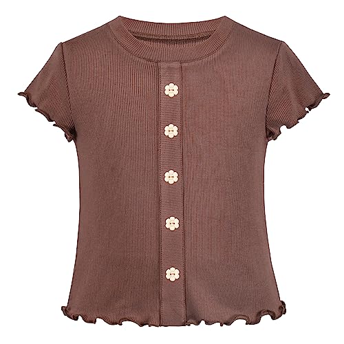 Sunny Fashion Girls T-Shirt Crop Top Brown Lettuce Trim Ribbed Knit Button Casual
