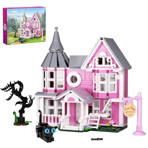 Image of Pink Palace House Building Set, Halloween Mansion Model Toys Kit, Haunted House Building Blocks, Compatible with Lego, Horror Architecture for Kids Adults, Christmas or Holiday (566PCS)