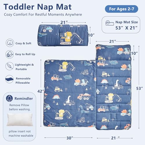 Image of Cotton Toddler Nap Mat for Boys,Roll Up Slumber Bags Dinosaur Pattern,Toddler Nap Mat with Removable Pillow and Blanket, Kids Sleeping Mat for Daycare,Preschool and Kindergarten-Navy Blue