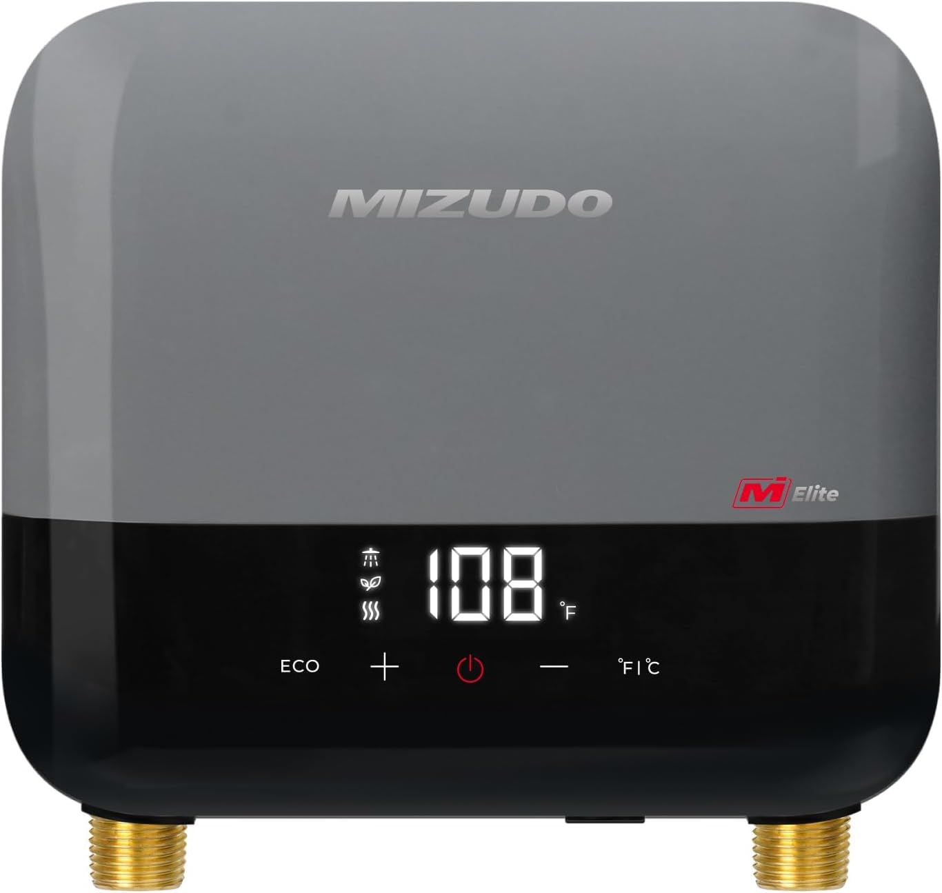 Front view of the MIZUDO 3.5kW 120 Volt Electric Tankless Water Heater with an LED display showing '108°F'.