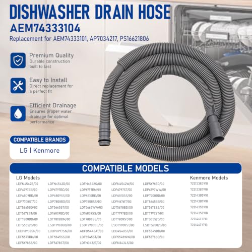 Image of AEM74333104 AEM74333101 Dishwasher Drain Hose for LG Kenmore Dishwasher | AP7034217 PS16621806 for LDF5545ST LDFN4542S LDP6797ST LDP6810SS LDT5665ST LDT5678ST OEM 2-year QA